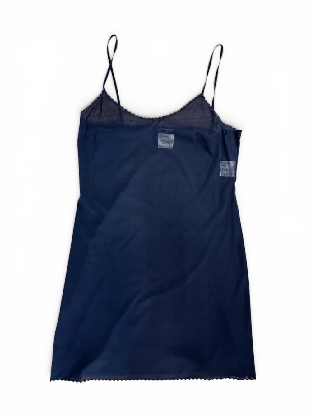 CHANEL Navy Sheer Slip Dress with Delicate Trim